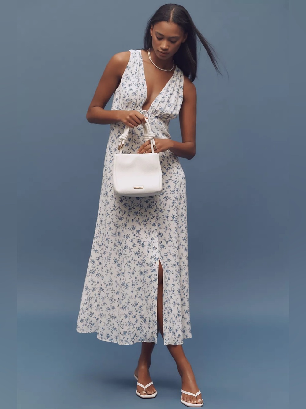 New Reformation Ceara Floral V-Neck Midi Dress In White Blue Cottagecore Sz 6